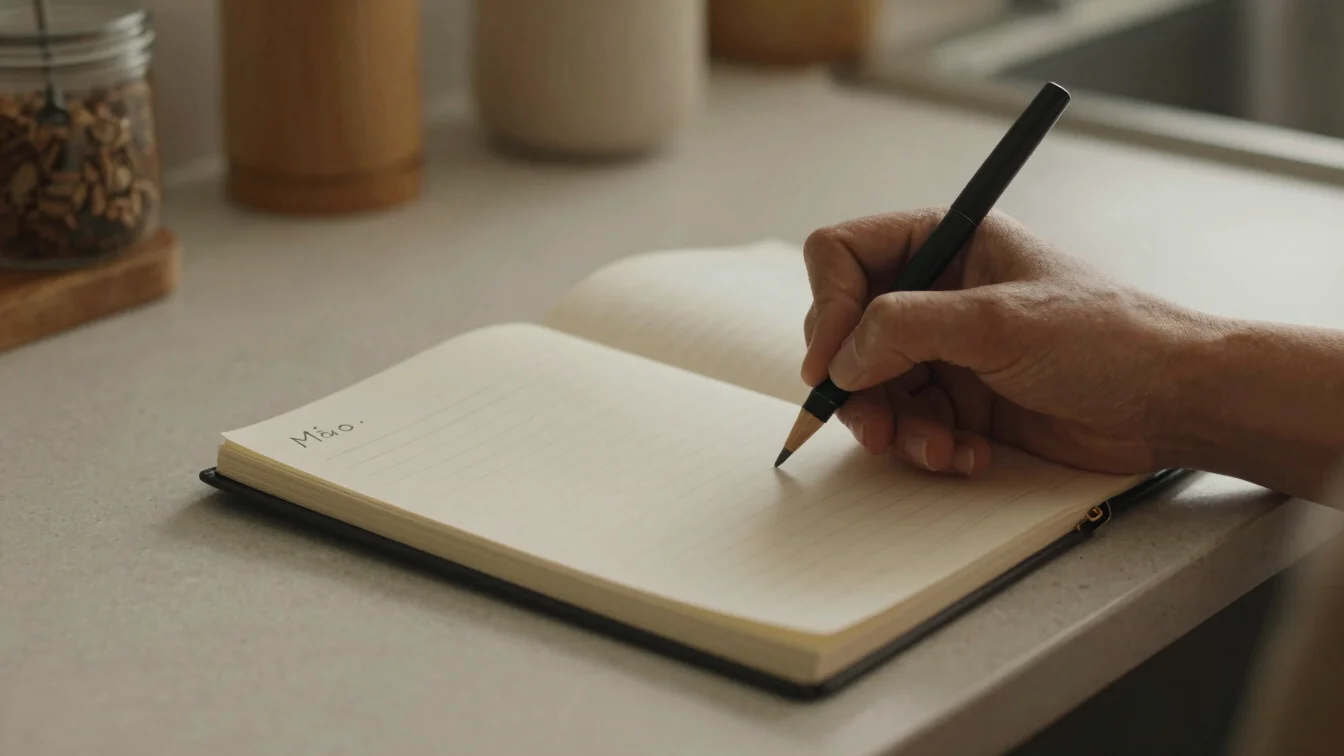 Mãos anotando uma lista simples num caderno sobre uma mesa de cozinha, luz da manhã, textura analógica leve, plano próxi