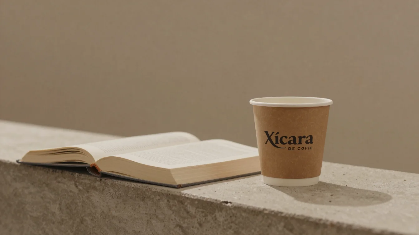 Xícara de café ao lado de um livro fechado sobre um peitoril, luz natural suave, tons terrosos, fotografia editorial
